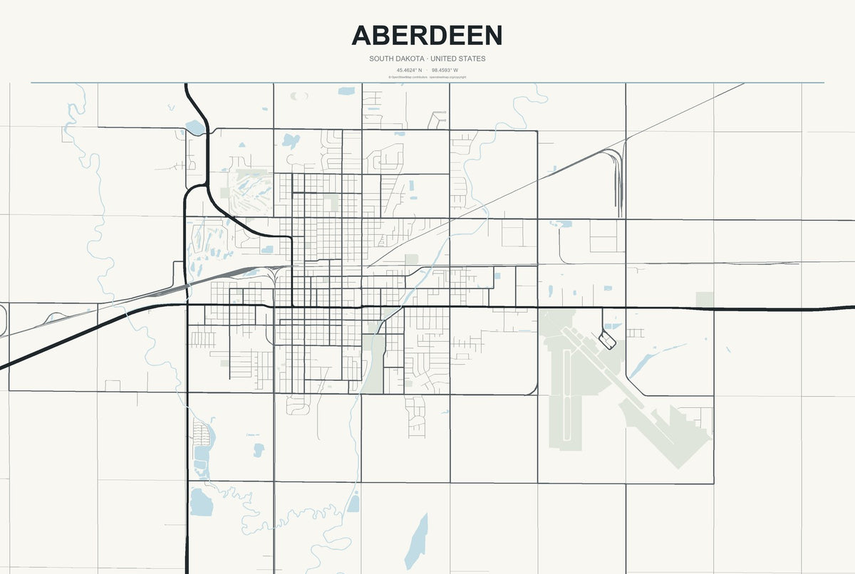 Aberdeen, South Dakota City Map Aluminum Sign in Headline Atlas style