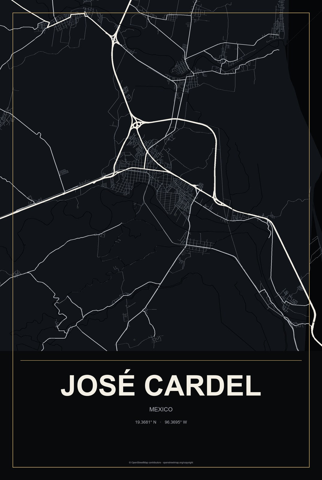 José Cardel, Mexico City Map Aluminum Sign in Metropolitan Noir style