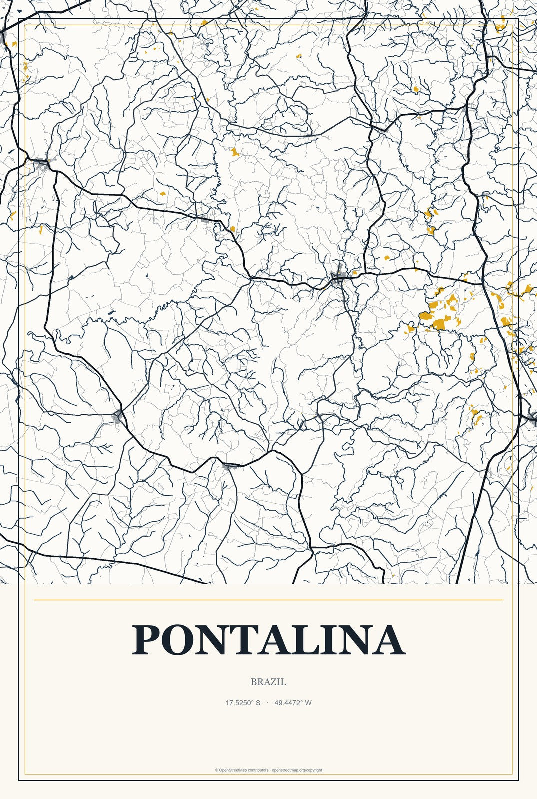 Pontalina, Brazil City Map Aluminum Sign in Citrine Modern style