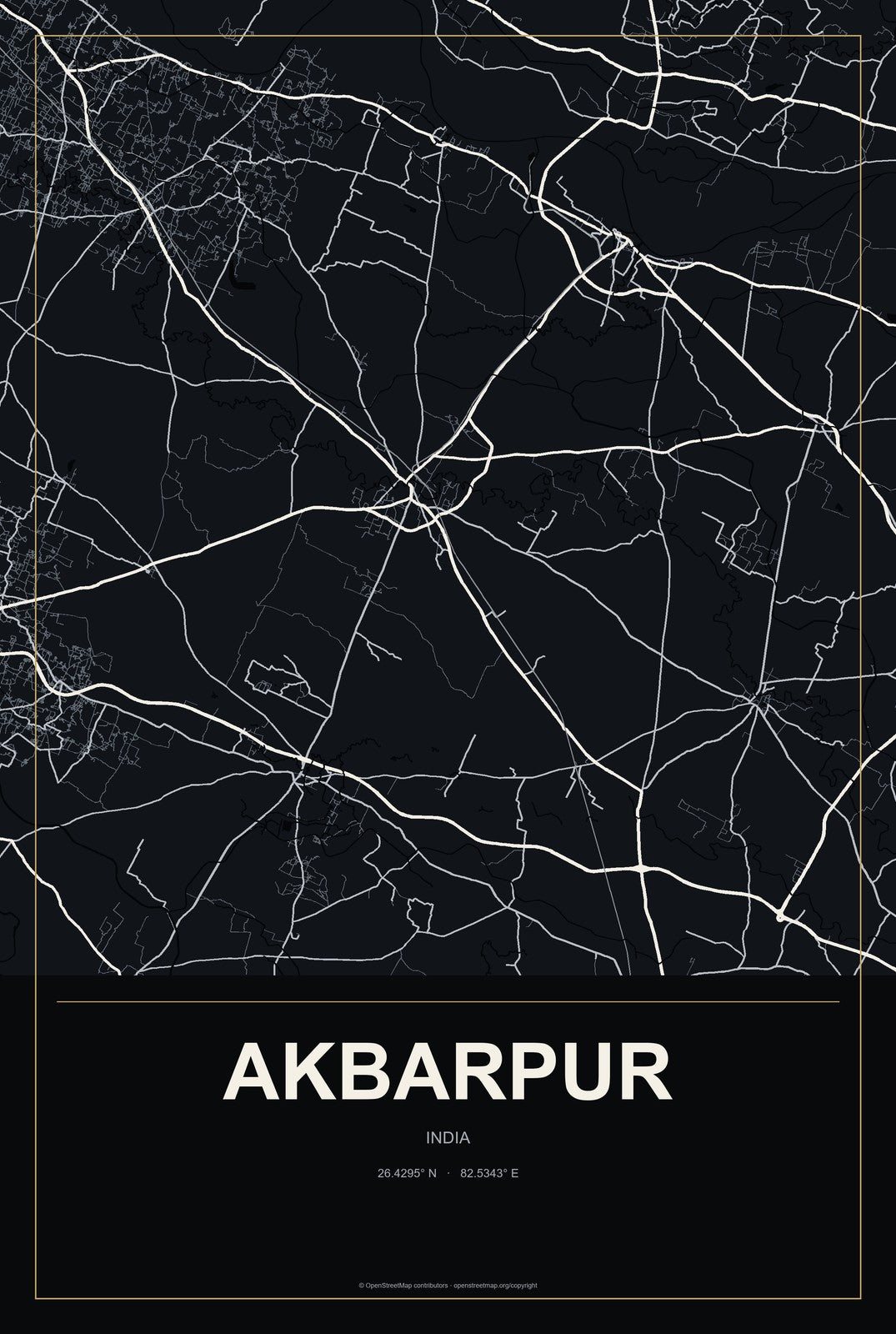 Akbarpur, India City Map Aluminum Sign in Metropolitan Noir style