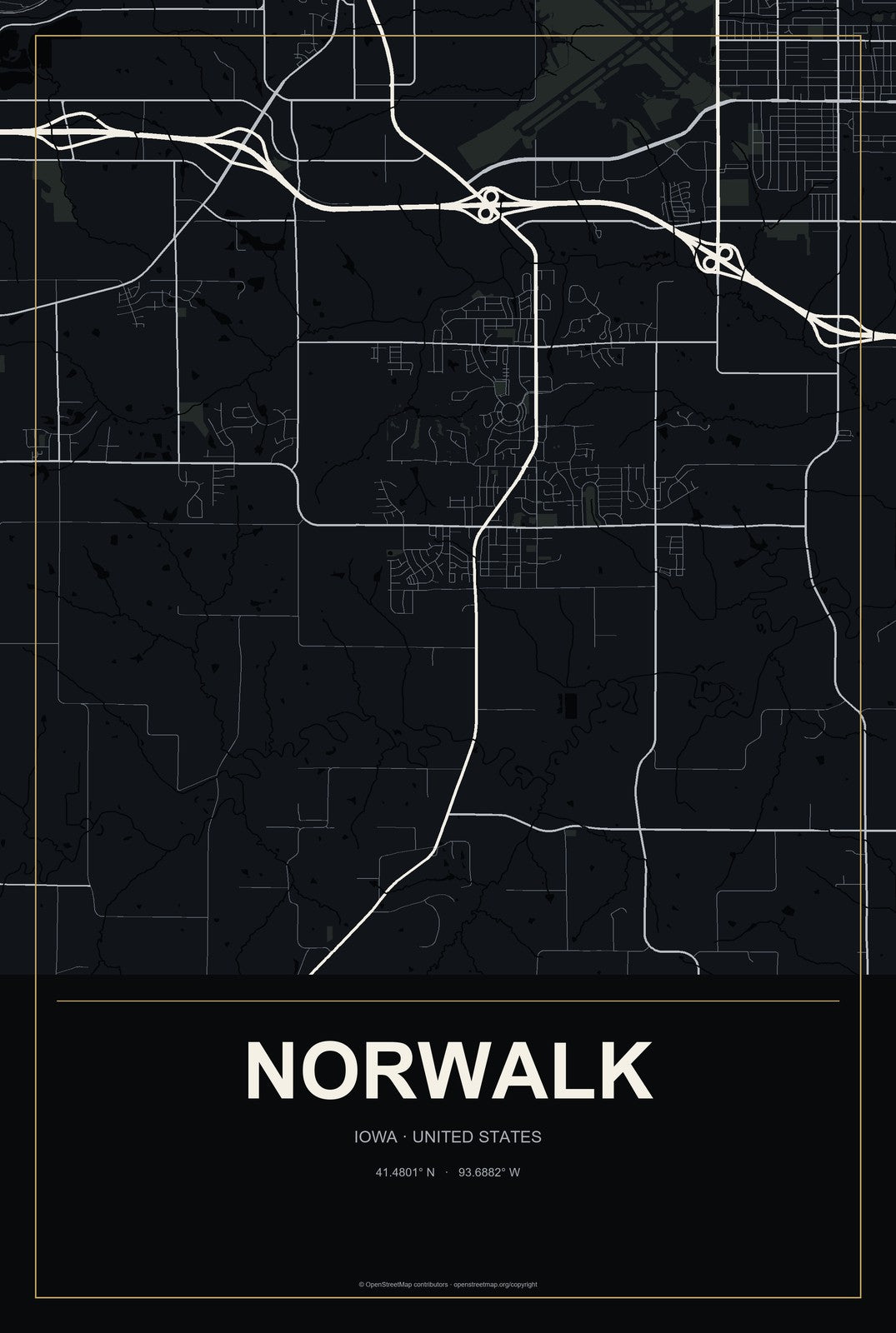 Norwalk, Iowa City Map Aluminum Sign in Metropolitan Noir style