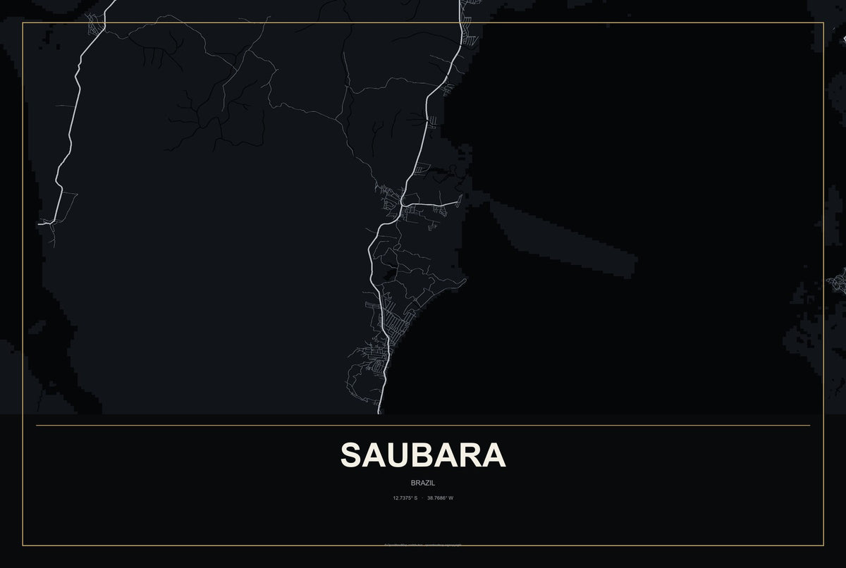 Saubara, Brazil City Map Aluminum Sign in Metropolitan Noir style