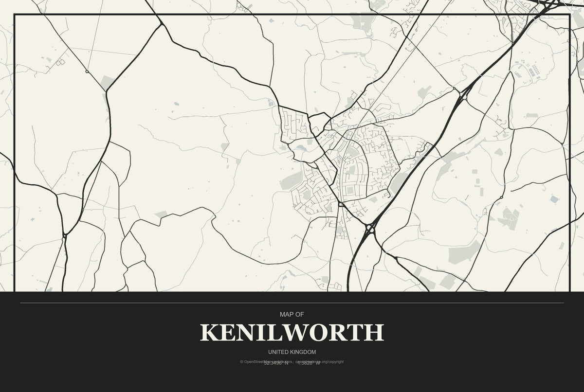 Kenilworth, United Kingdom City Map Aluminum Sign in Museum Plaque style