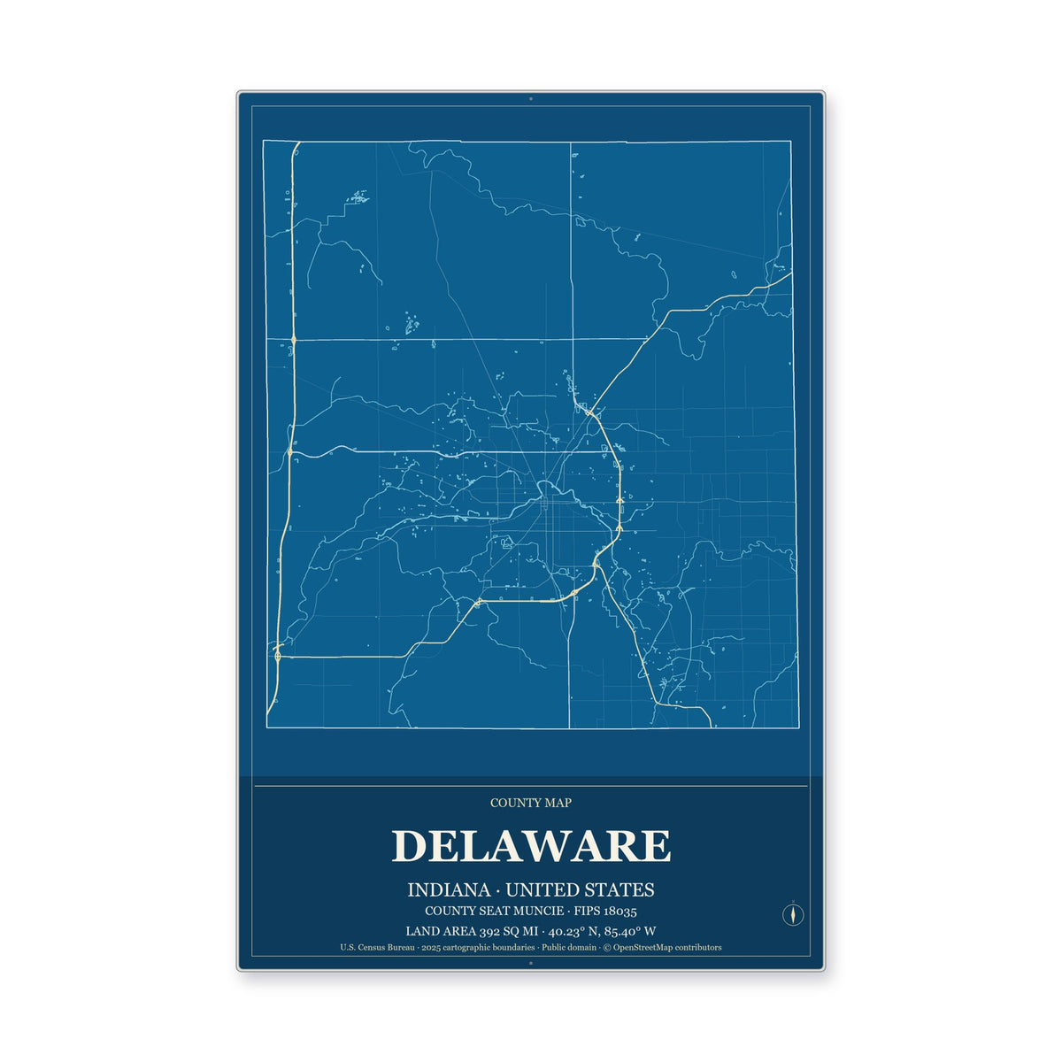 Delaware County, Indiana Map Aluminum Sign in Harbor Cobalt style