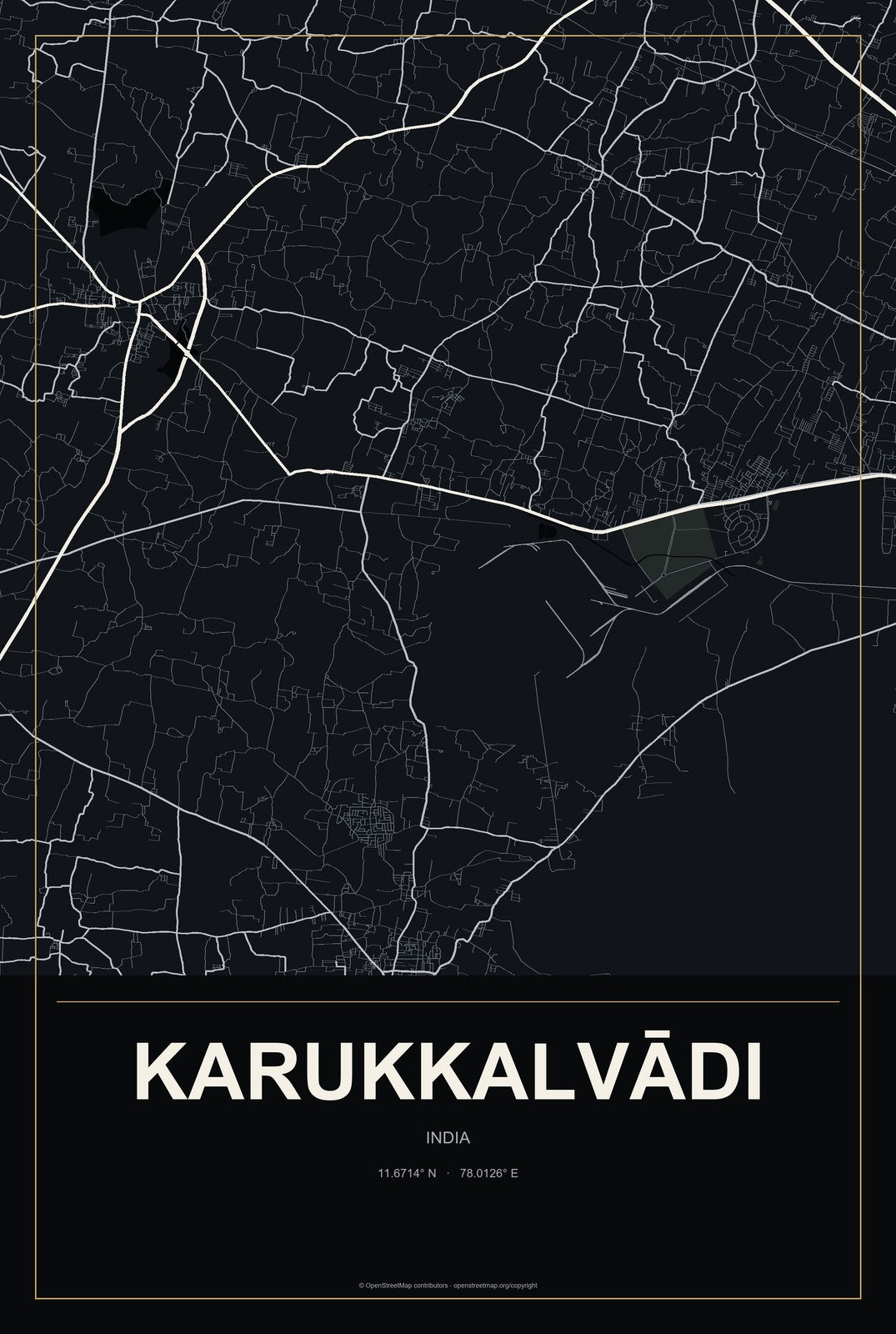 Karukkalvādi, India City Map Aluminum Sign in Metropolitan Noir style