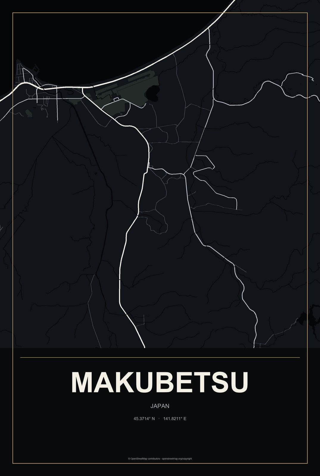 Makubetsu, Japan City Map Aluminum Sign in Metropolitan Noir style