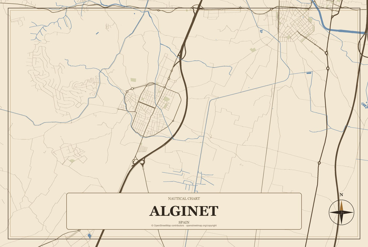 Alginet, Spain City Map Aluminum Sign in Heritage Nautical style