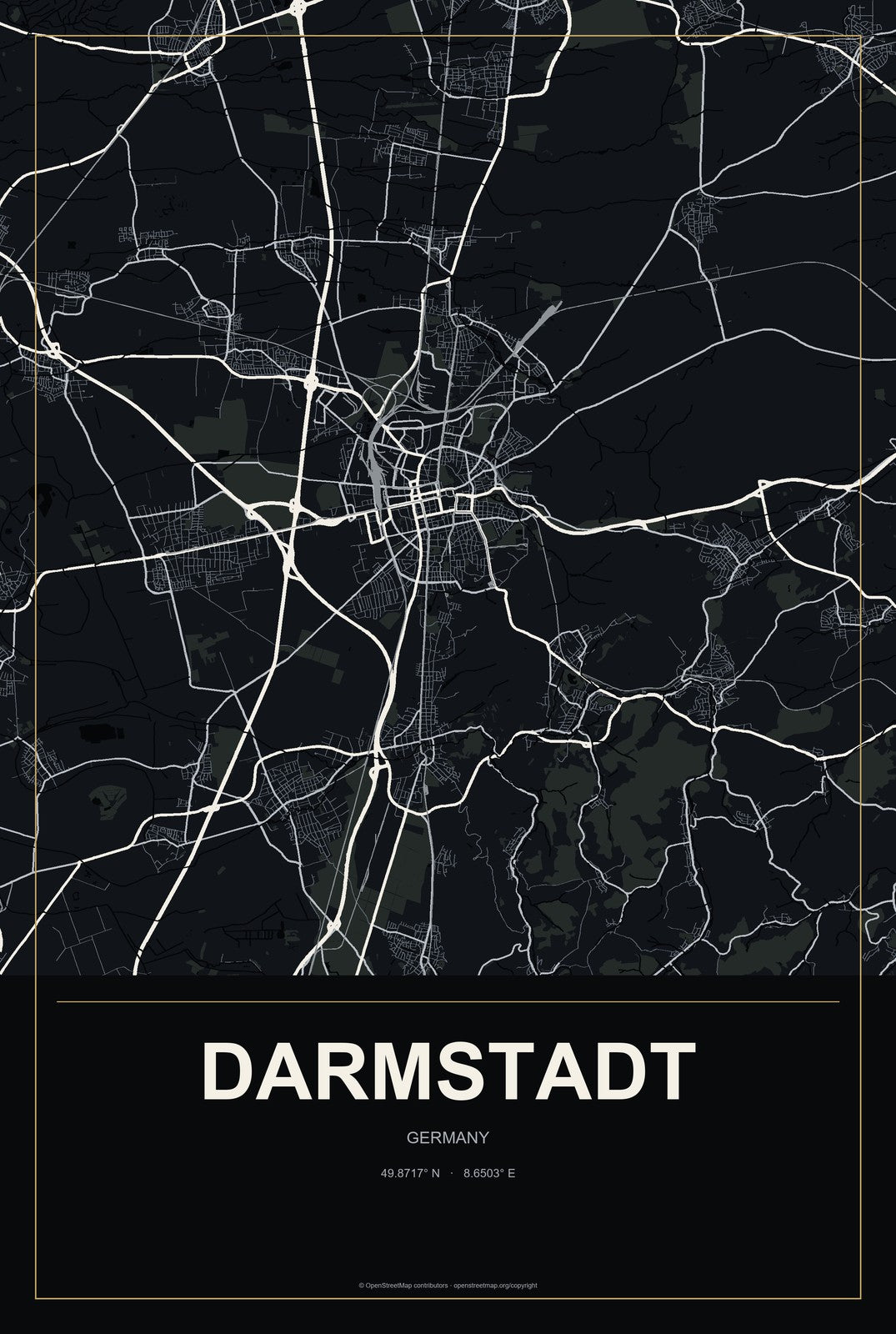 Darmstadt, Germany City Map Aluminum Sign in Metropolitan Noir style
