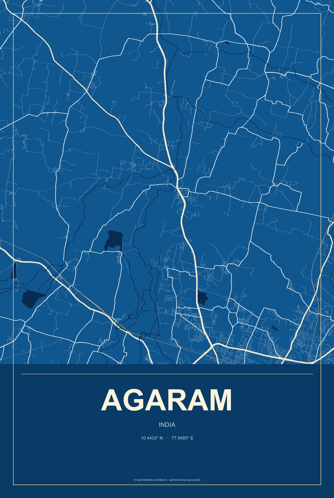 Agaram, India City Map Aluminum Sign in Harbor Cobalt style