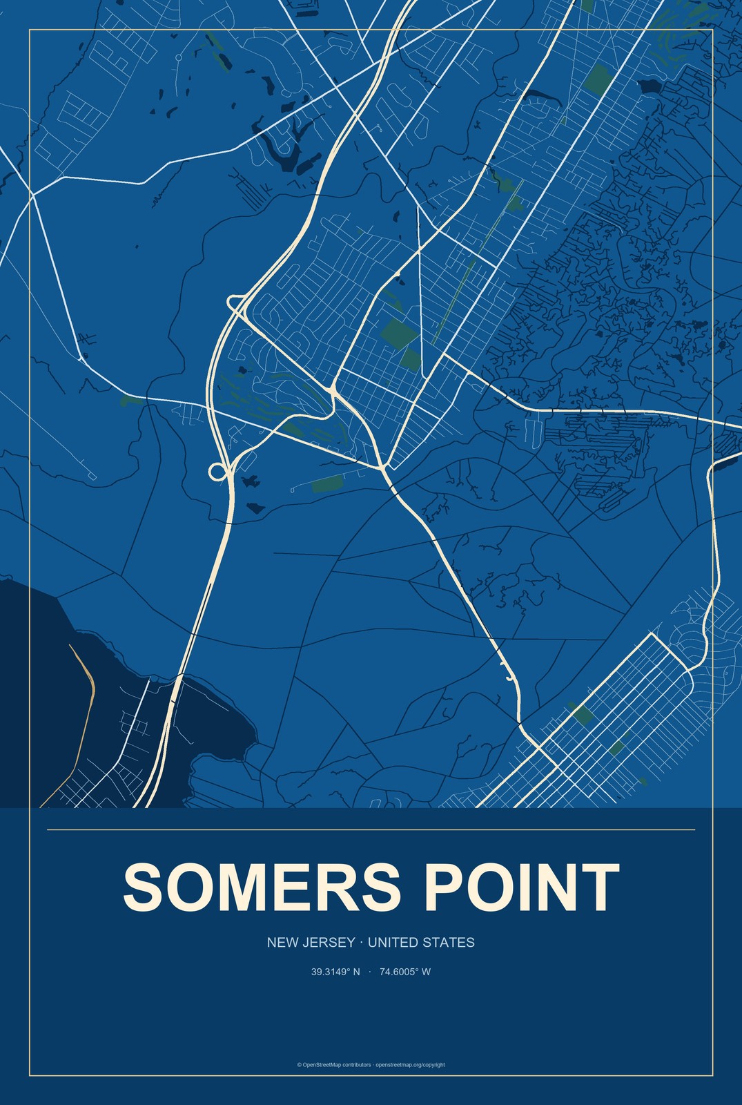 Somers Point, New Jersey City Map Aluminum Sign in Harbor Cobalt style