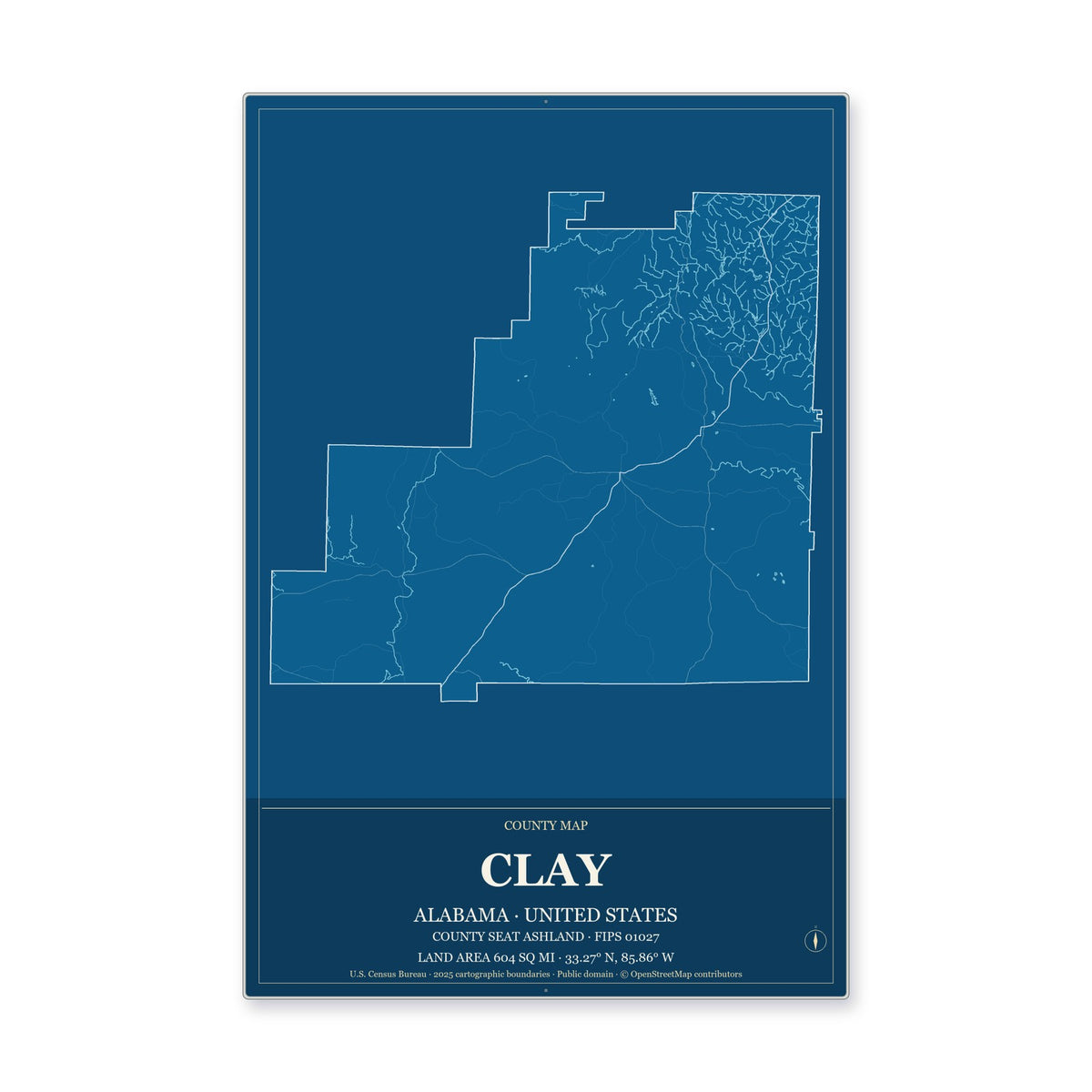 Clay County, Alabama Map Aluminum Sign in Harbor Cobalt style
