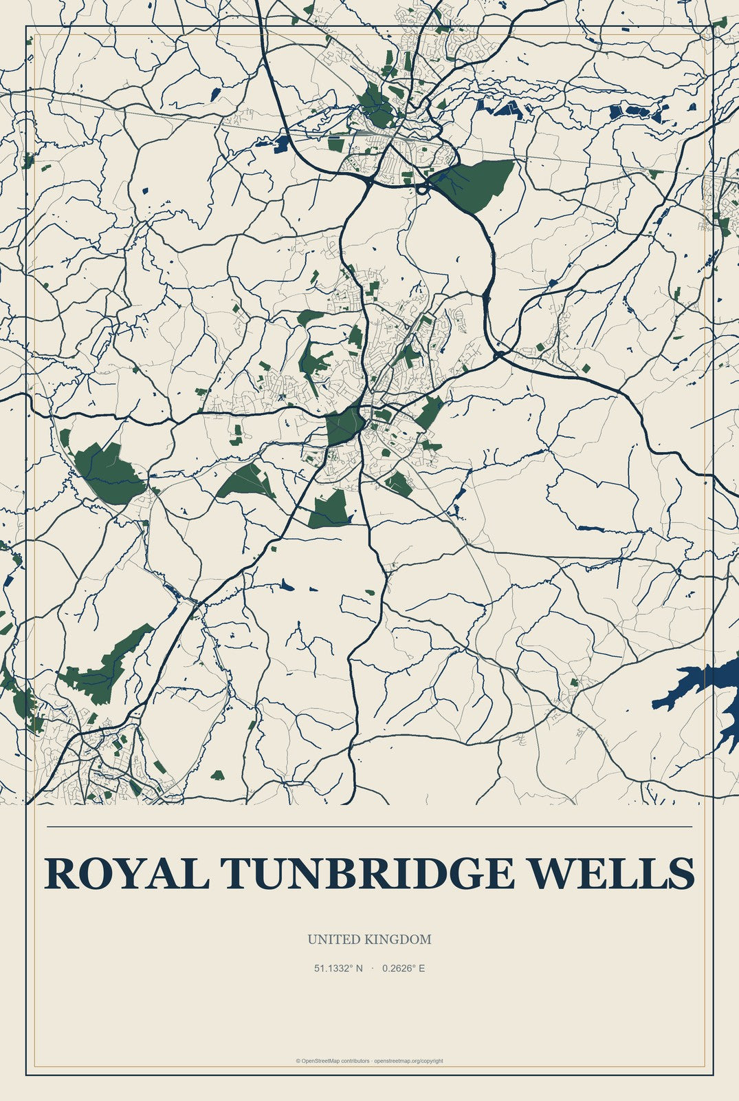 Royal Tunbridge Wells, United Kingdom City Map Aluminum Sign in Coastal Cutout style