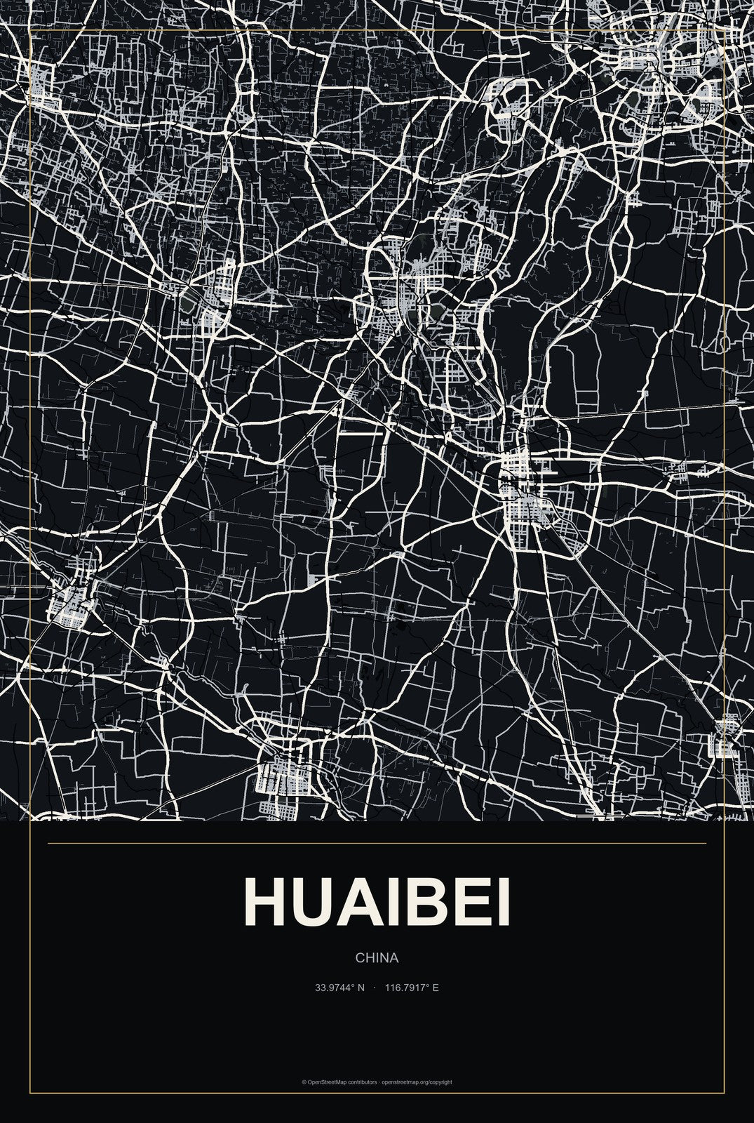 Huaibei, China City Map Aluminum Sign in Metropolitan Noir style