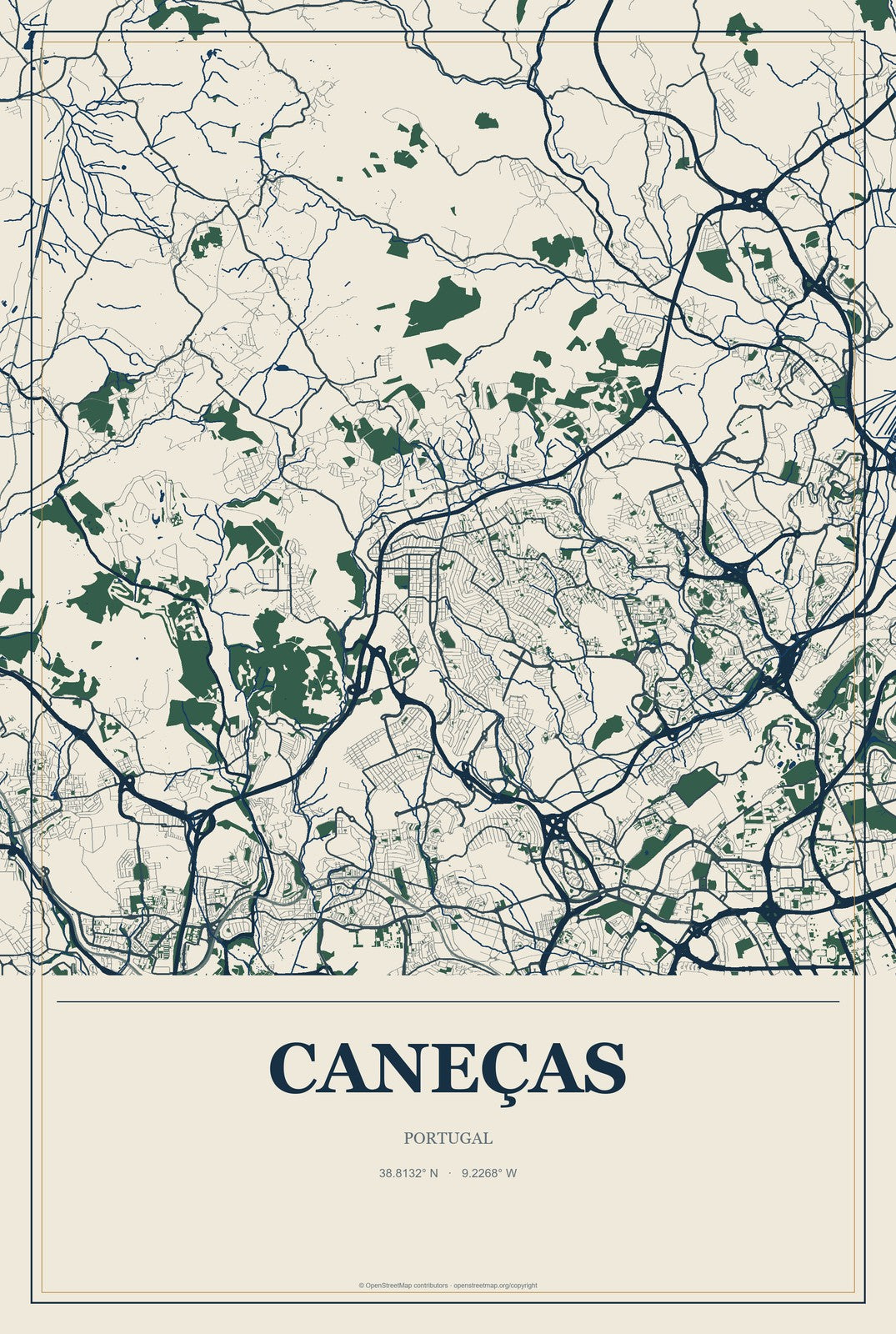 Caneças, Portugal City Map Aluminum Sign in Coastal Cutout style