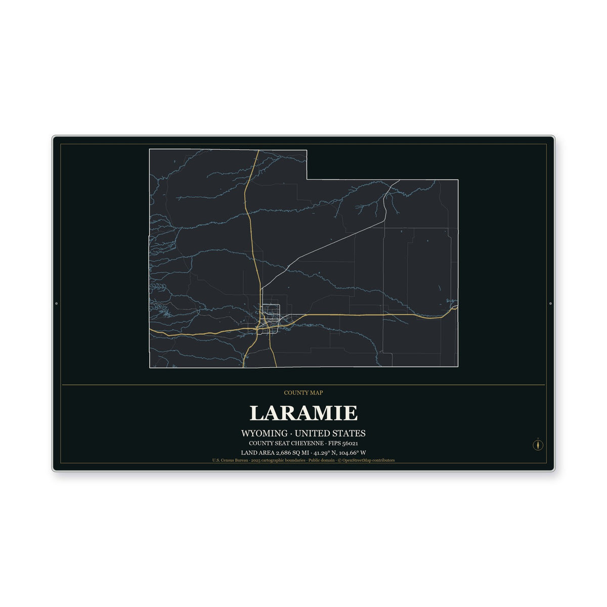 Laramie County, Wyoming Map Aluminum Sign in Metropolitan Noir style