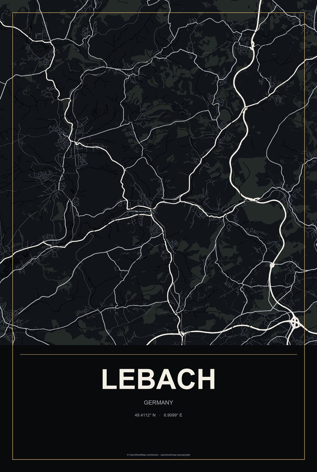 Lebach, Germany City Map Aluminum Sign in Metropolitan Noir style