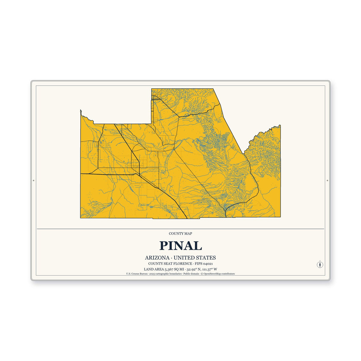Pinal County, Arizona Map Aluminum Sign in Citrine Modern style