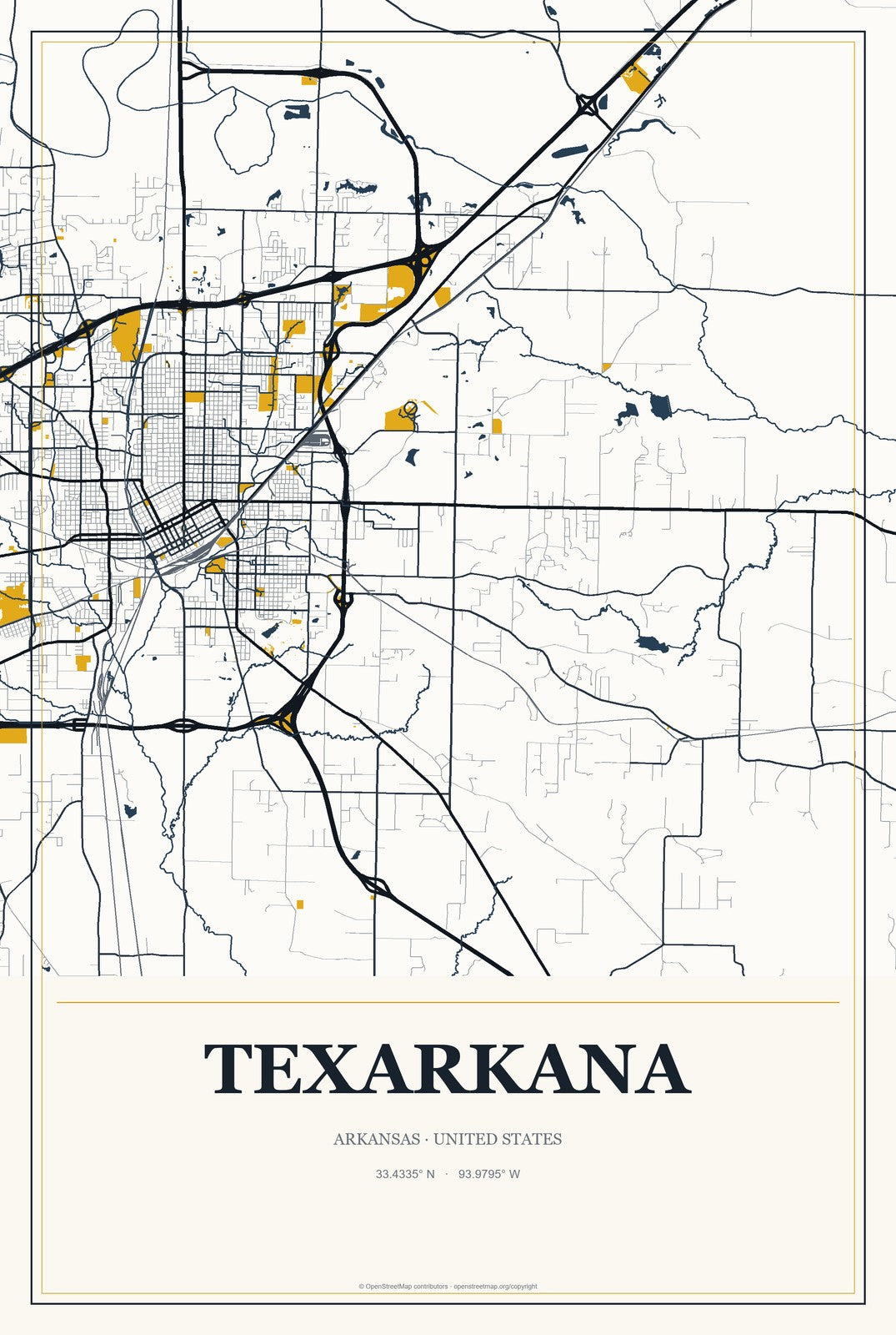 Texarkana, Arkansas City Map Aluminum Sign in Citrine Modern style