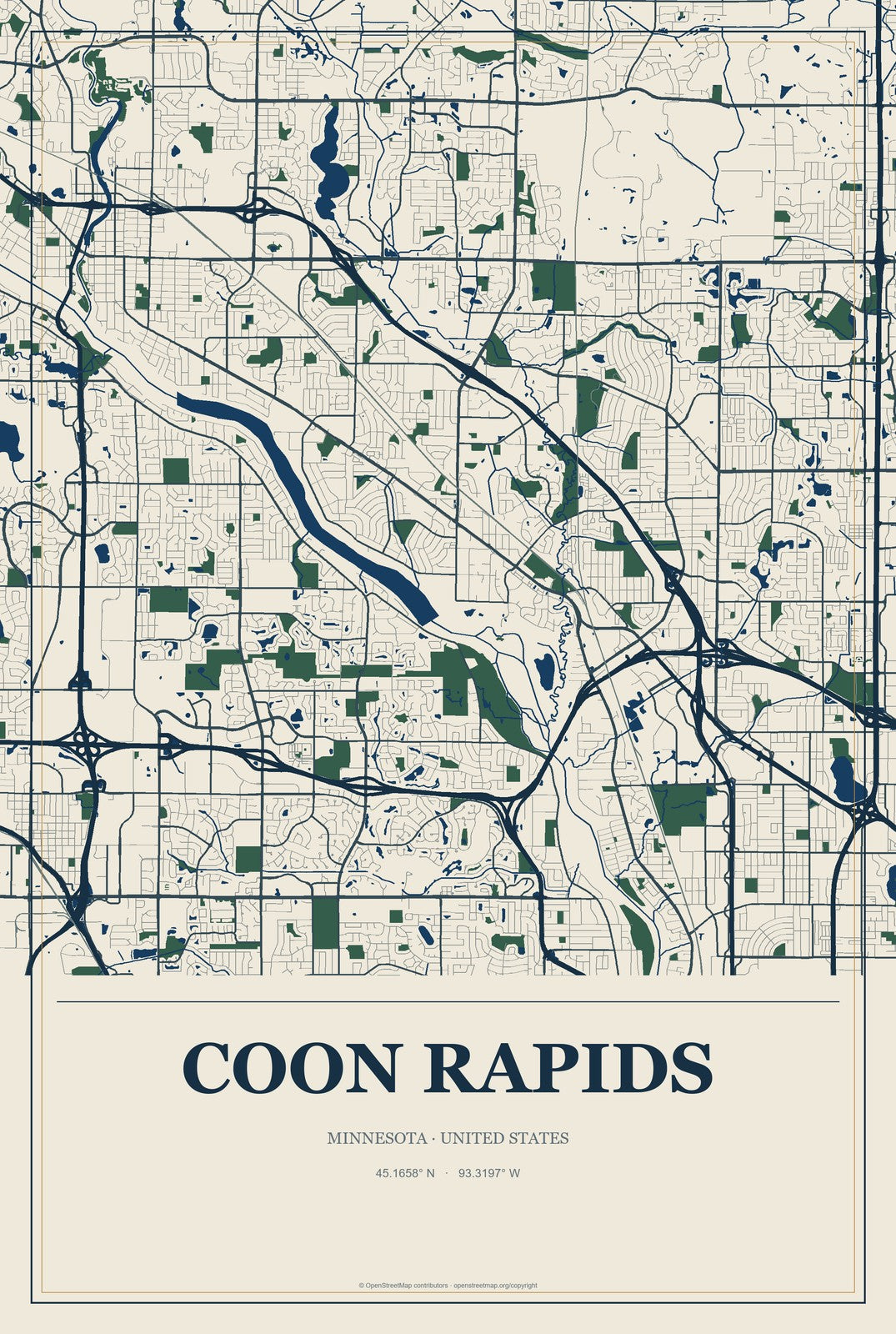 Coon Rapids, Minnesota City Map Aluminum Sign in Coastal Cutout style