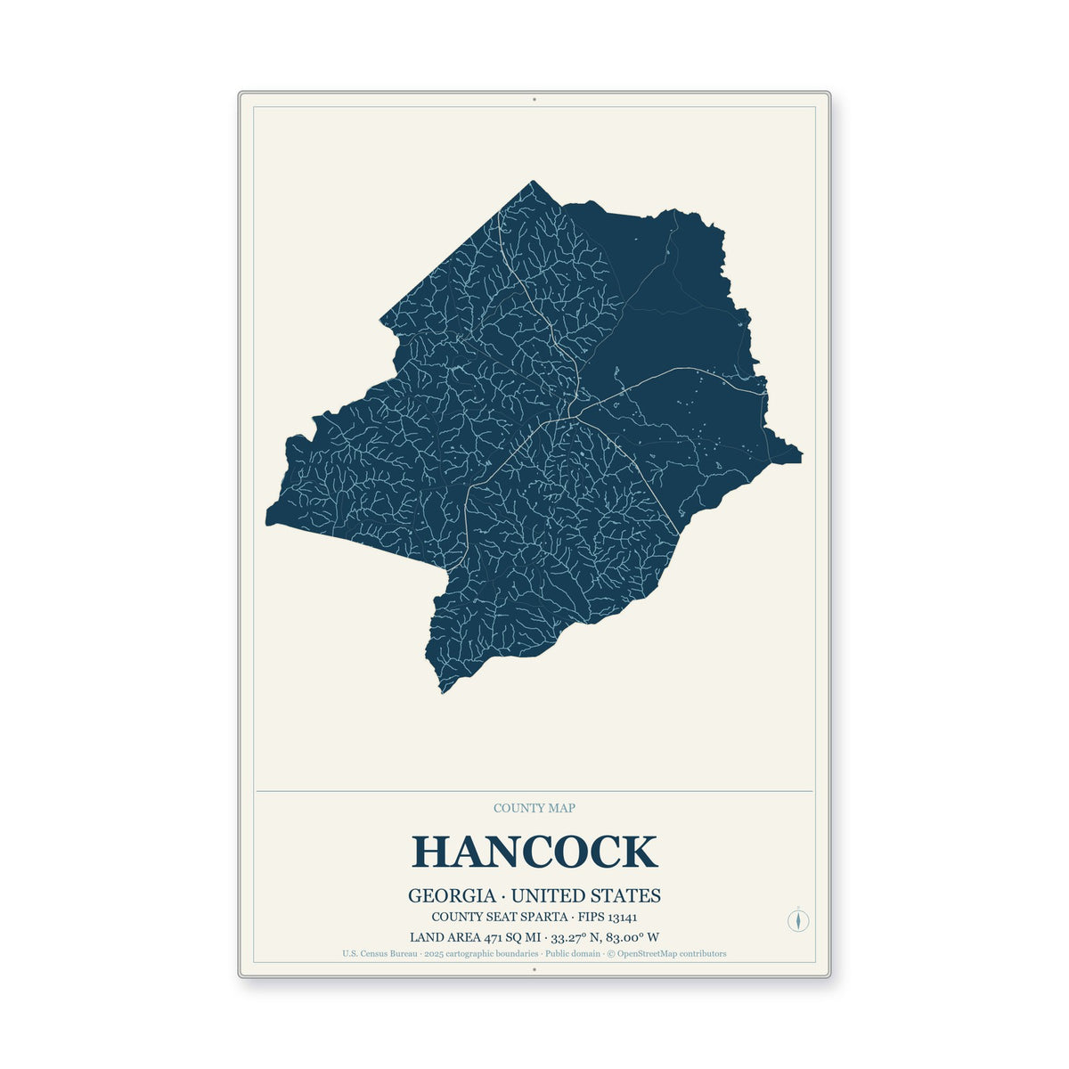 Hancock County, Georgia Map Aluminum Sign in Coastal Cutout style