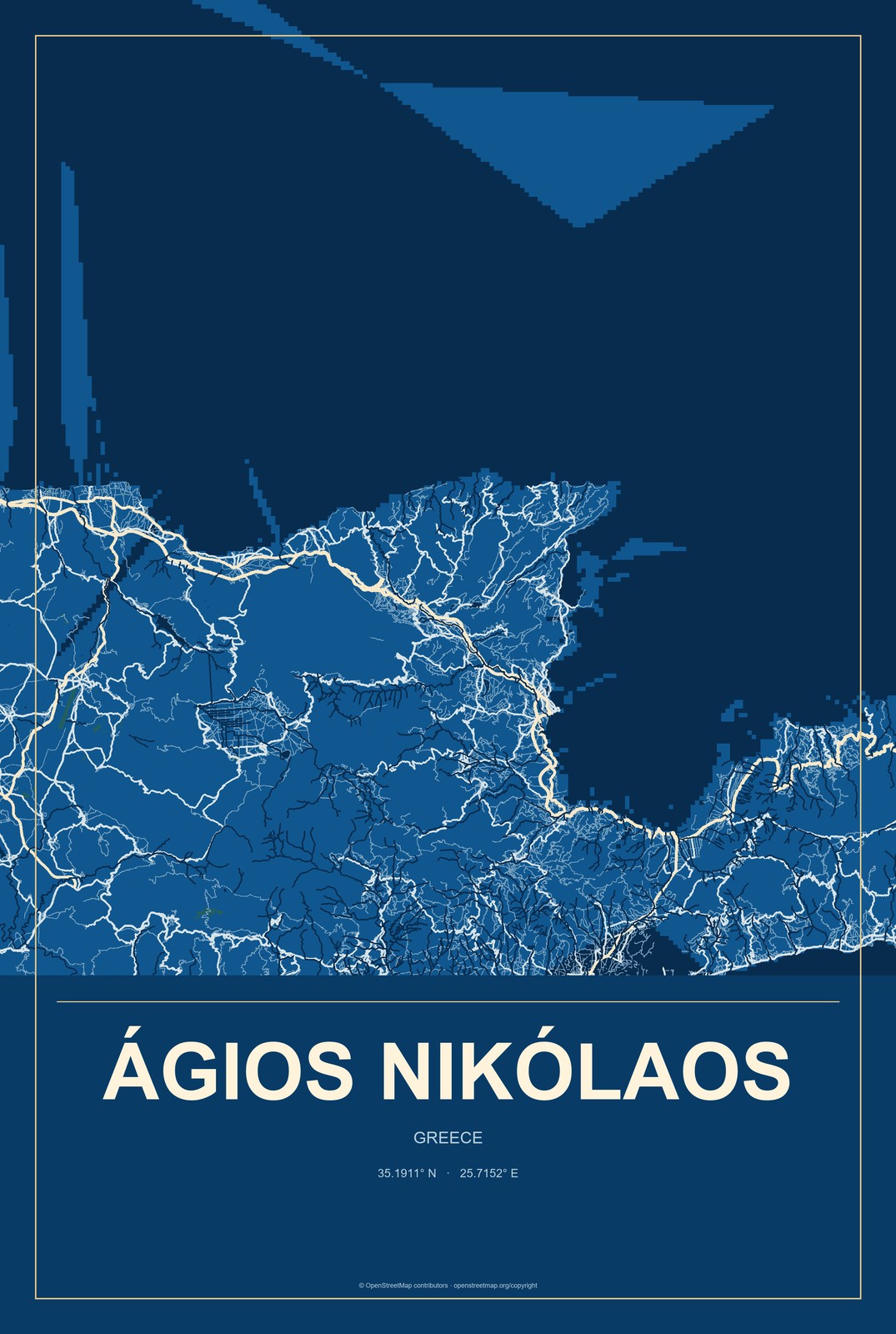 Ágios Nikólaos, Greece City Map Aluminum Sign in Harbor Cobalt style
