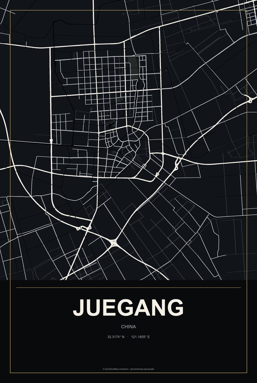 Juegang, China City Map Aluminum Sign in Metropolitan Noir style