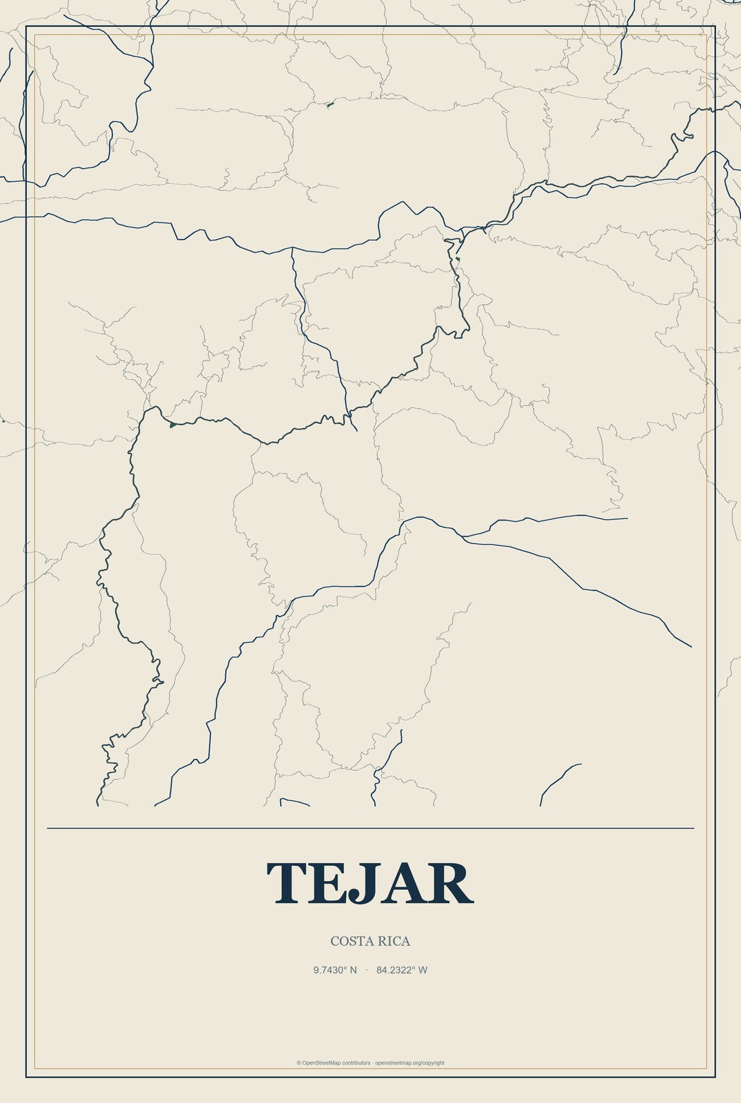Tejar, Costa Rica City Map Aluminum Sign in Coastal Cutout style