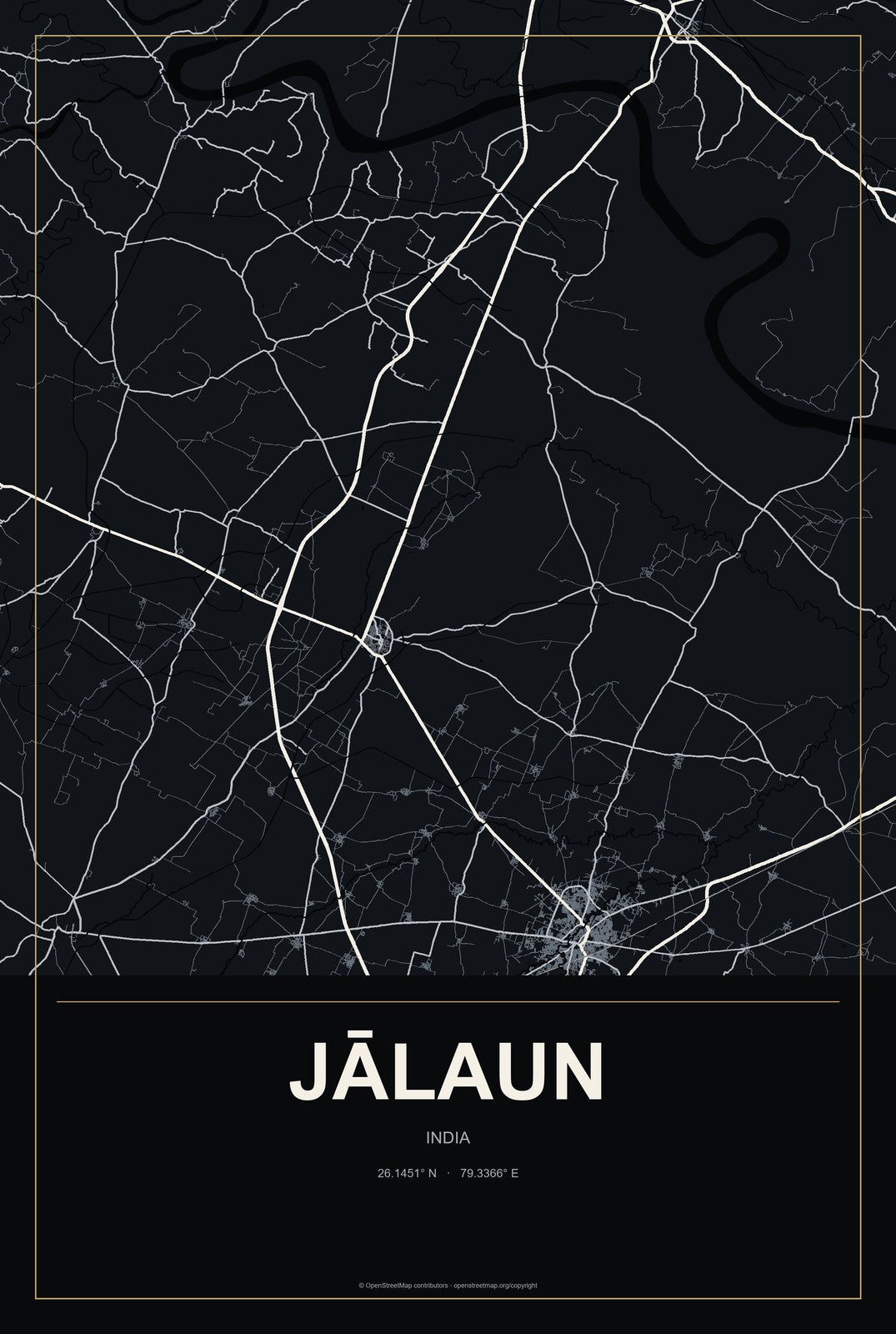 Jālaun, India City Map Aluminum Sign in Metropolitan Noir style