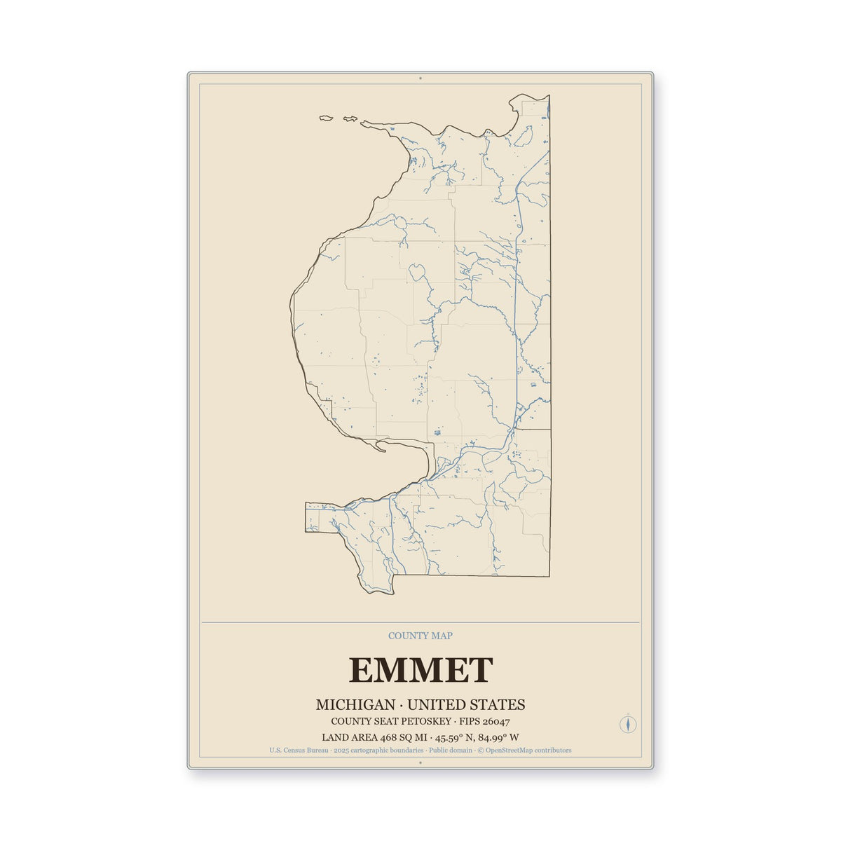Emmet County, Michigan Map Aluminum Sign in Heritage Nautical style