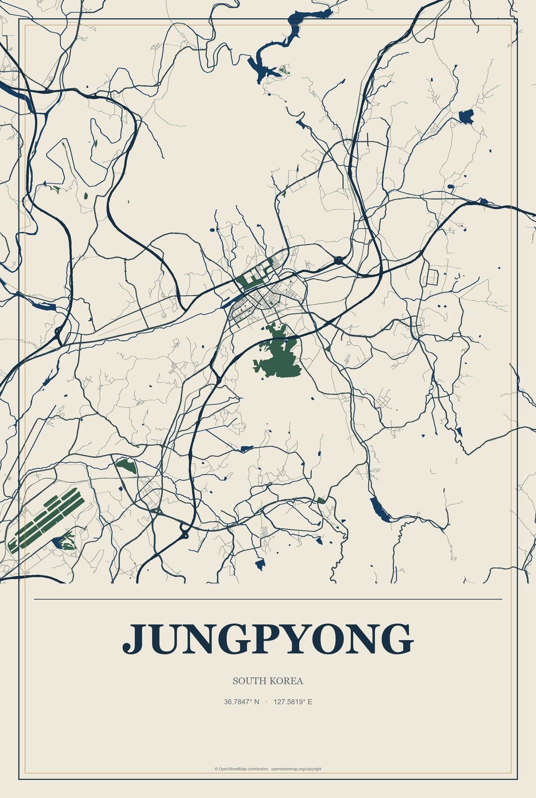 Jungpyong, South Korea City Map Aluminum Sign in Coastal Cutout style