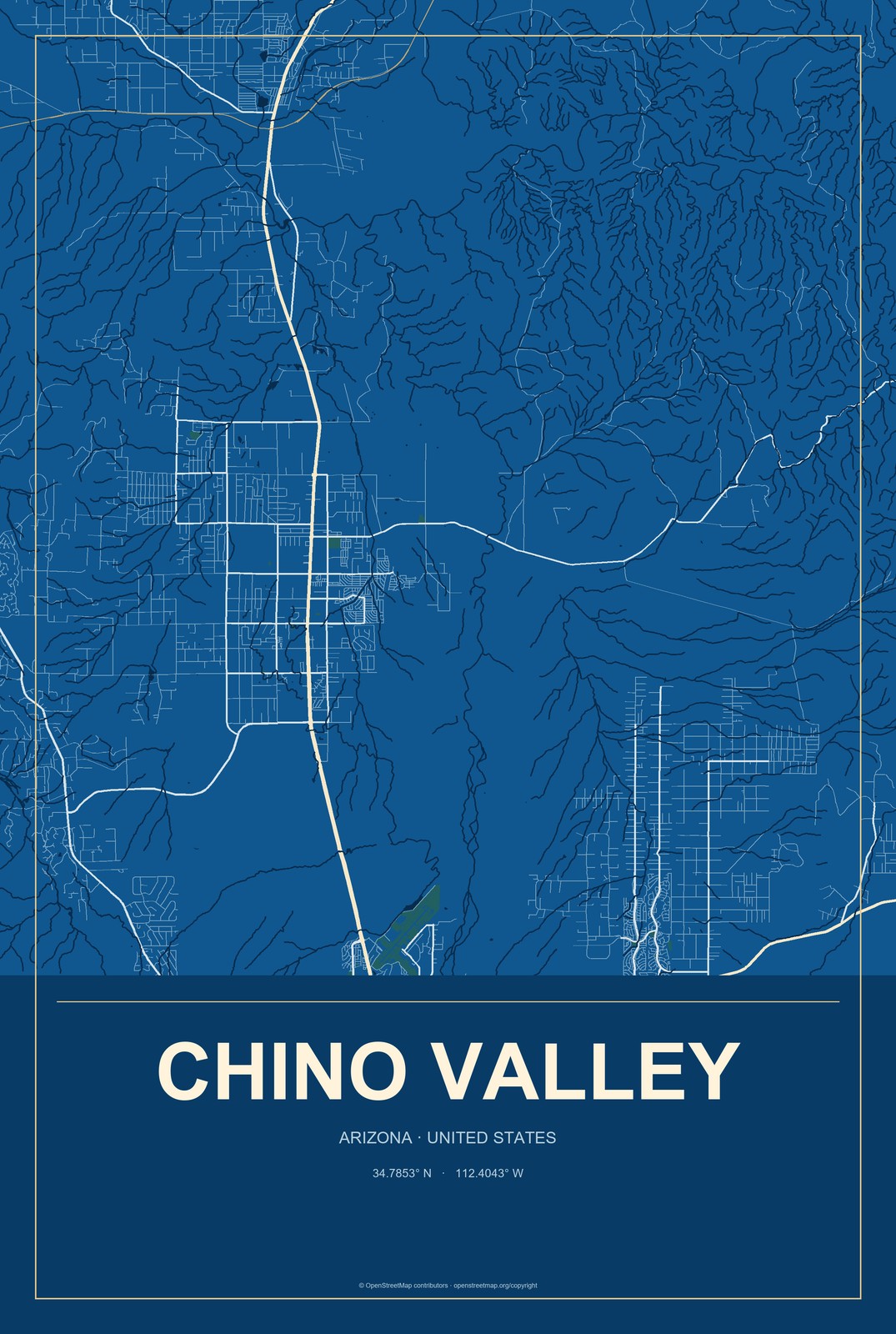 Chino Valley, Arizona City Map Aluminum Sign in Harbor Cobalt style