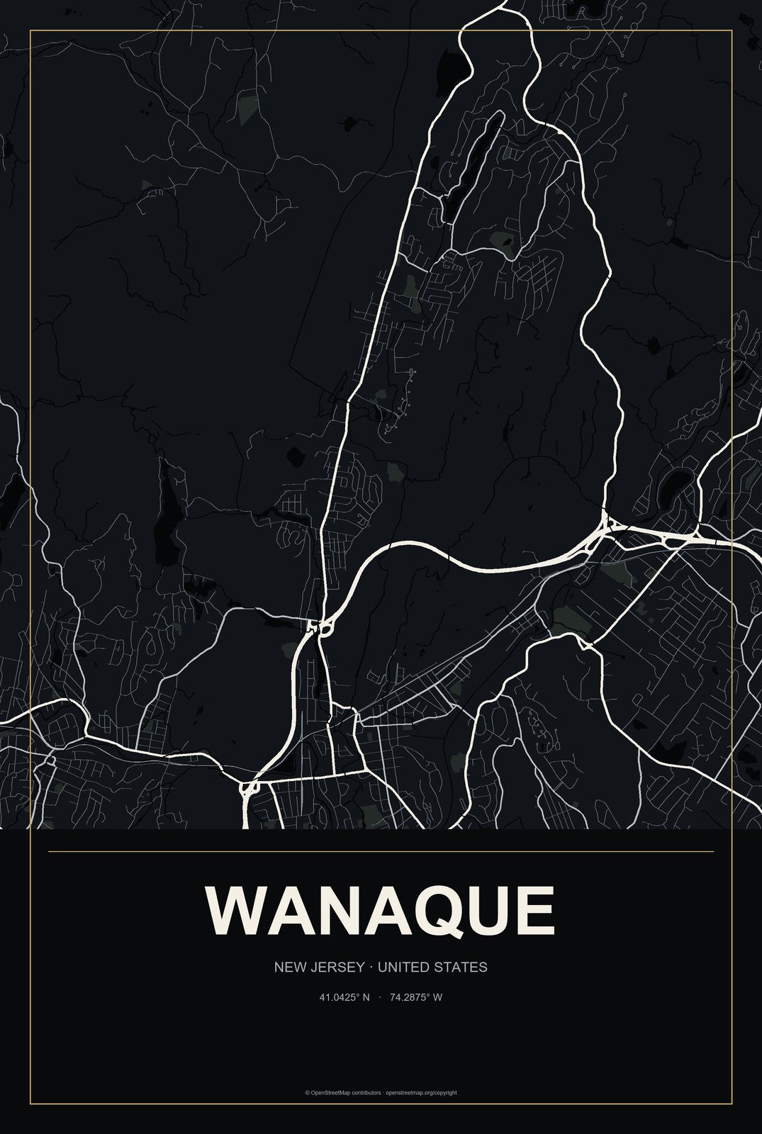 Wanaque, New Jersey City Map Aluminum Sign in Metropolitan Noir style