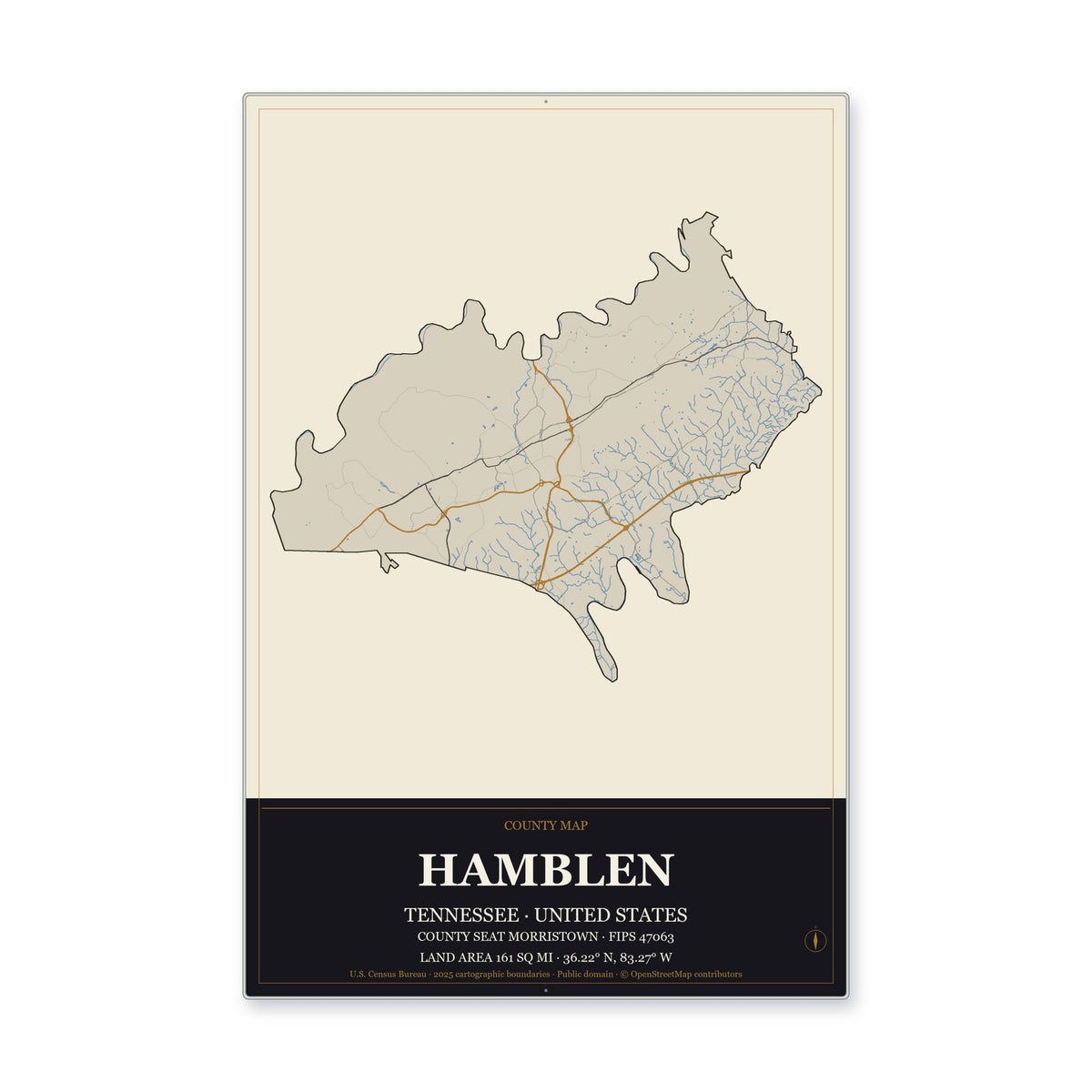 Hamblen County, Tennessee Map Aluminum Sign in Museum Plaque style