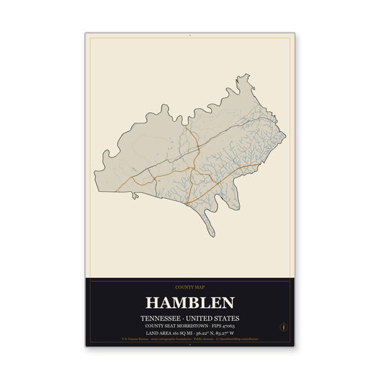 Hamblen County, Tennessee Map Aluminum Sign in Museum Plaque style