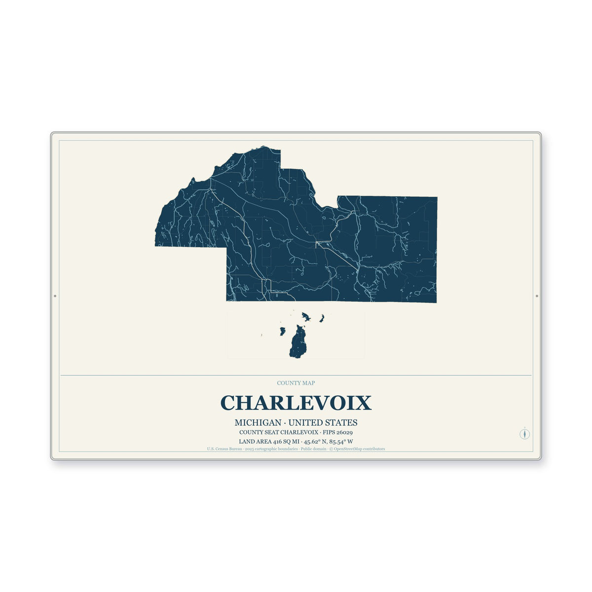 Charlevoix County, Michigan Map Aluminum Sign in Coastal Cutout style