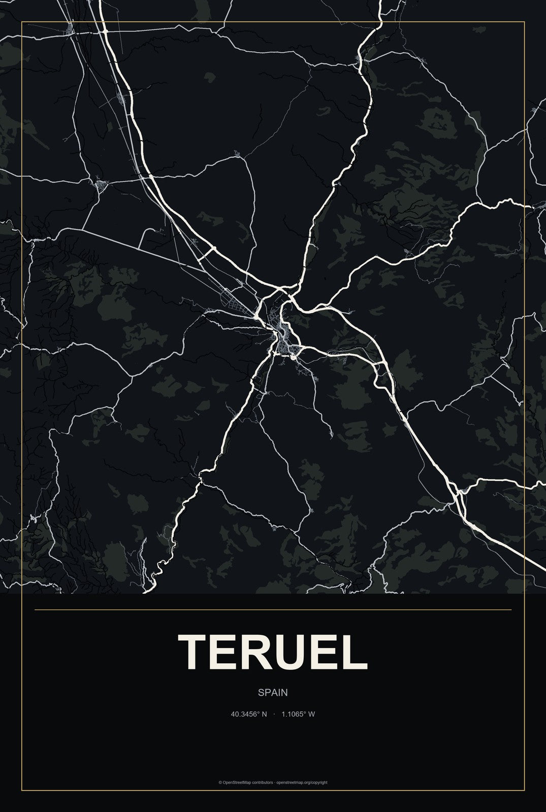 Teruel, Spain City Map Aluminum Sign in Metropolitan Noir style
