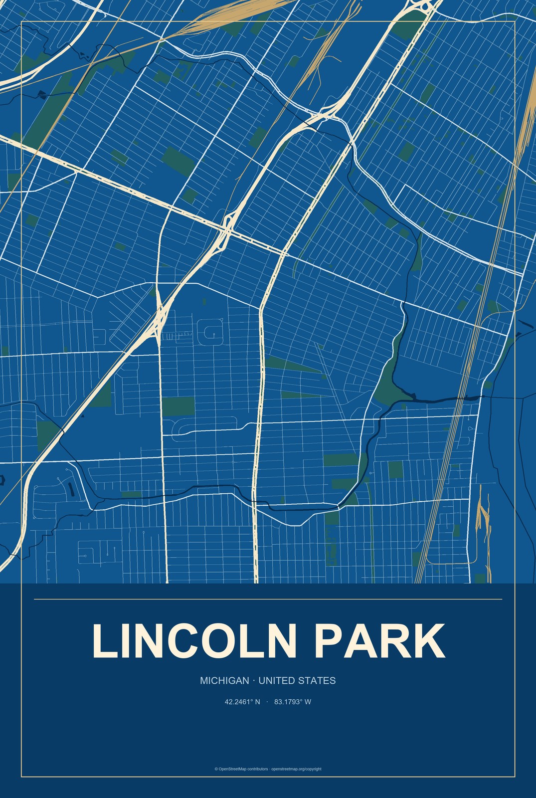Lincoln Park, Michigan City Map Aluminum Sign in Harbor Cobalt style