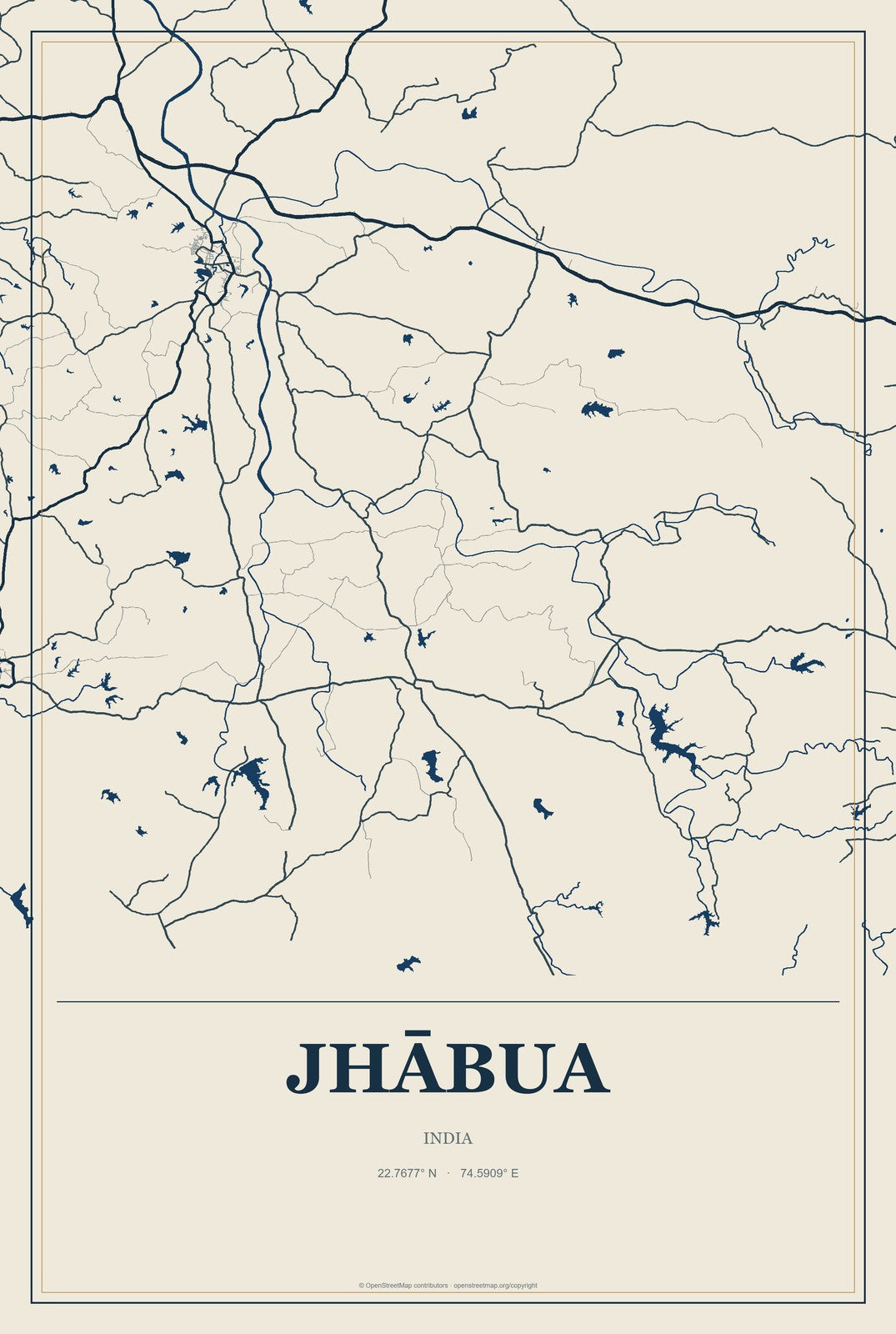 Jhābua, India City Map Aluminum Sign in Coastal Cutout style