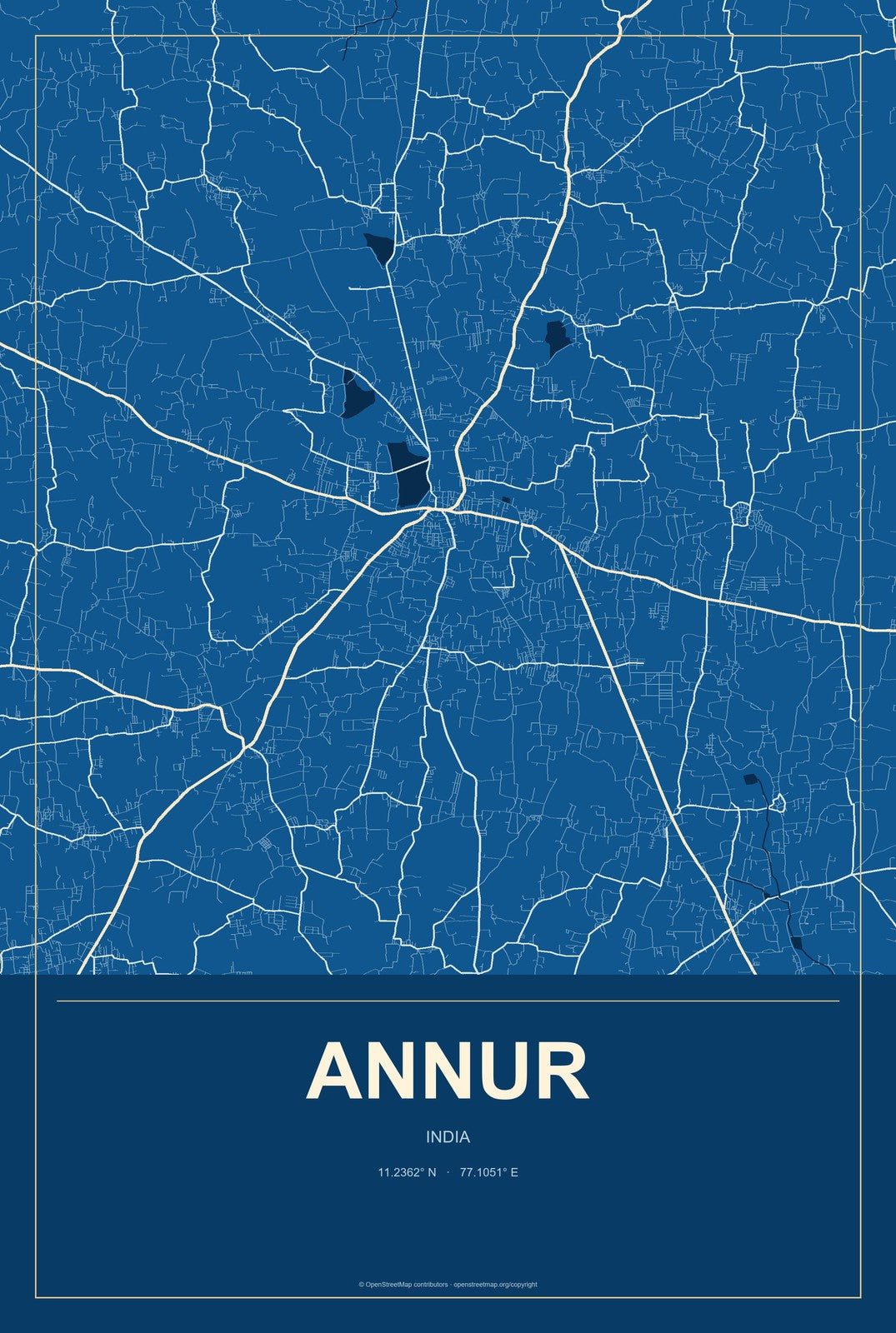 Annur, India City Map Aluminum Sign in Harbor Cobalt style