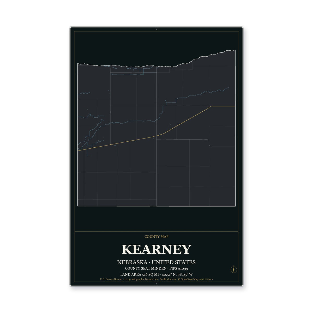 Kearney County, Nebraska Map Aluminum Sign in Metropolitan Noir style