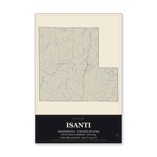 Isanti County, Minnesota Map Aluminum Sign in Museum Plaque style