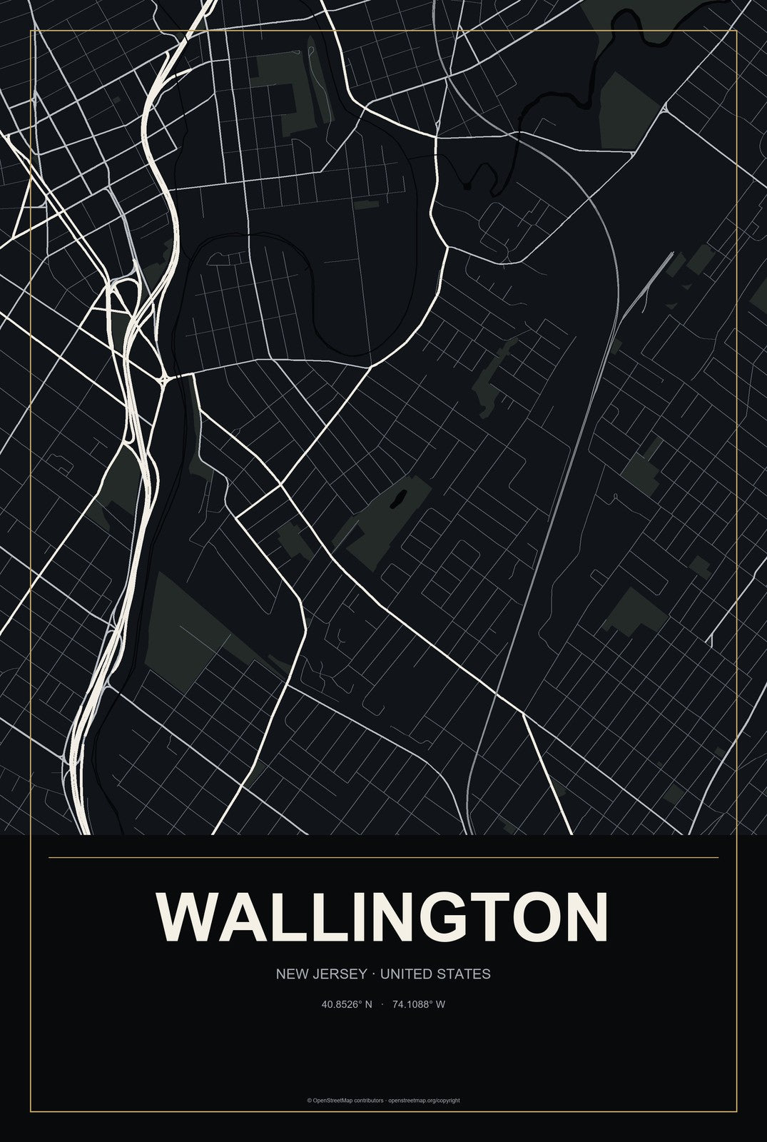Wallington, New Jersey City Map Aluminum Sign in Metropolitan Noir style