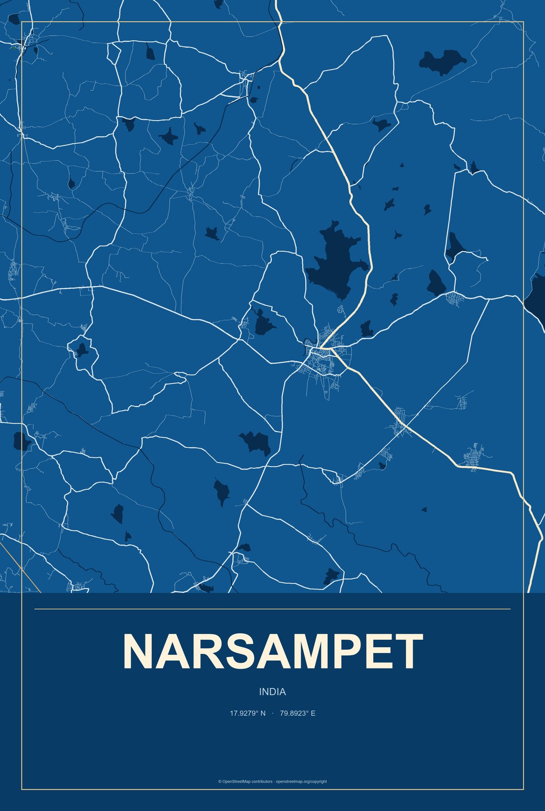 Narsampet, India City Map Aluminum Sign in Harbor Cobalt style