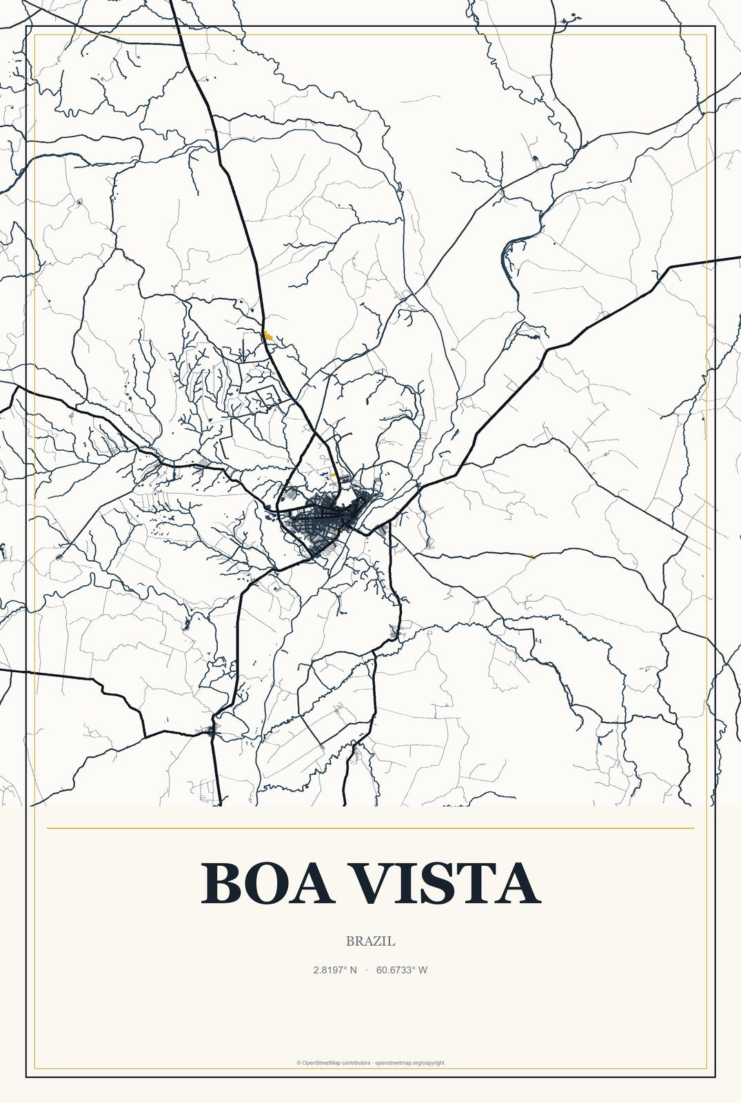 Boa Vista, Brazil City Map Aluminum Sign in Citrine Modern style