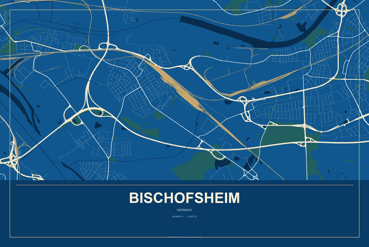 Bischofsheim, Germany City Map Aluminum Sign in Harbor Cobalt style
