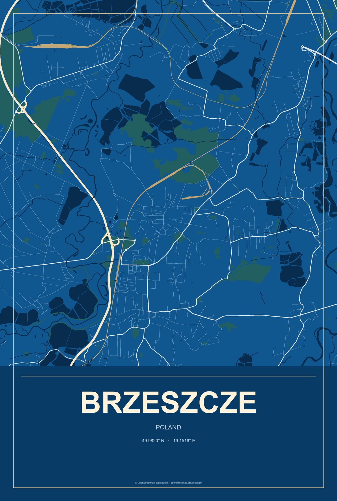 Brzeszcze, Poland City Map Aluminum Sign in Harbor Cobalt style