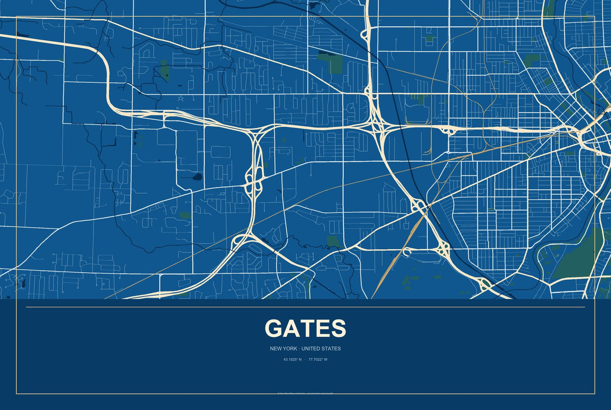 Gates, New York City Map Aluminum Sign in Harbor Cobalt style