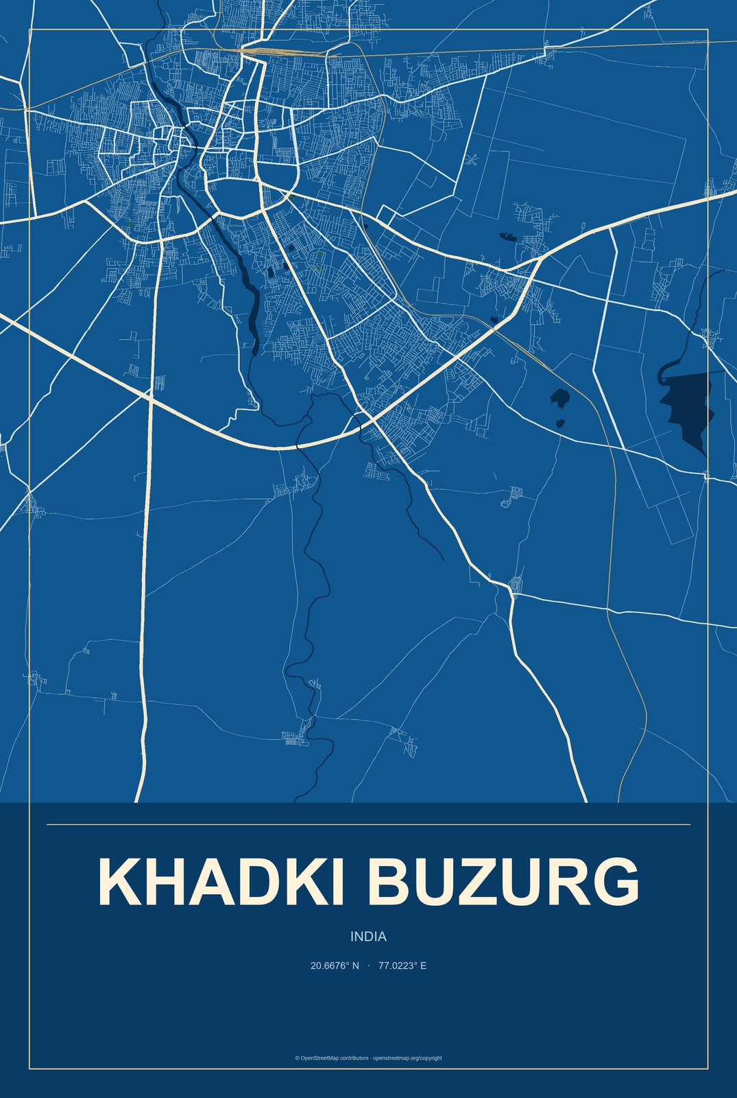 Khadki Buzurg, India City Map Aluminum Sign in Harbor Cobalt style