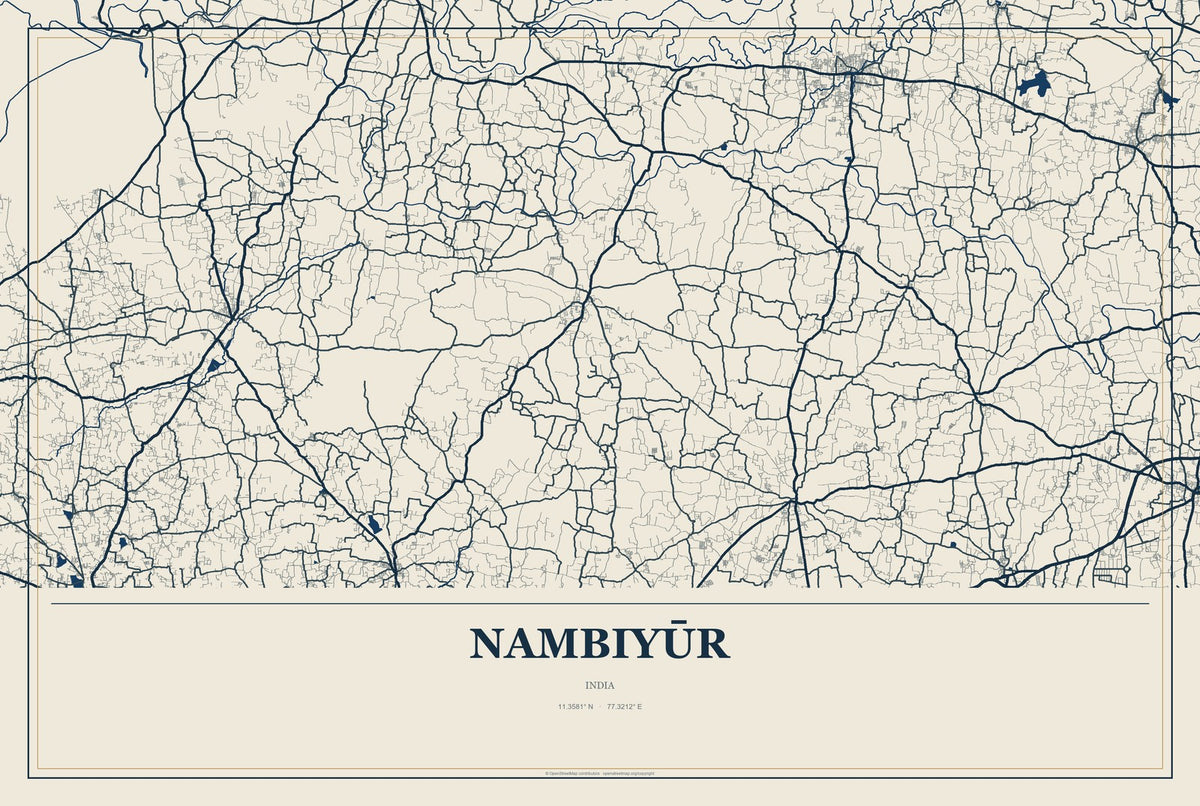 Nambiyūr, India City Map Aluminum Sign in Coastal Cutout style
