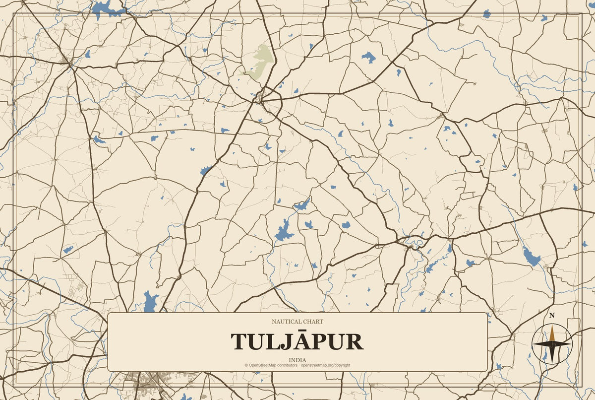 Tuljāpur, India City Map Aluminum Sign in Heritage Nautical style